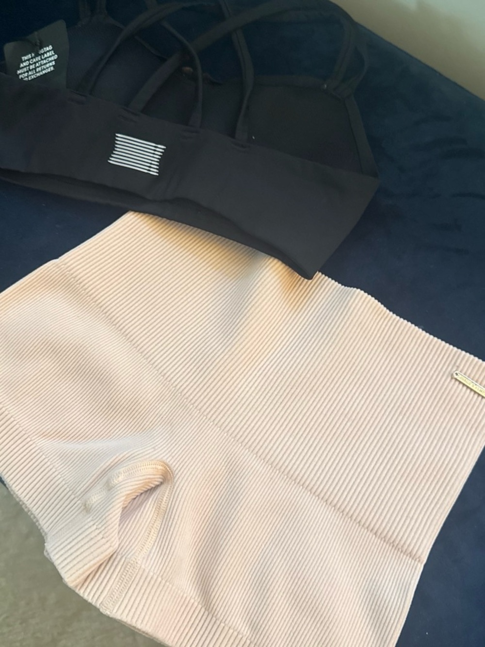 Savage X Fenty Black sports bra & Light Peach Ribbed Logo Tag Top shorts